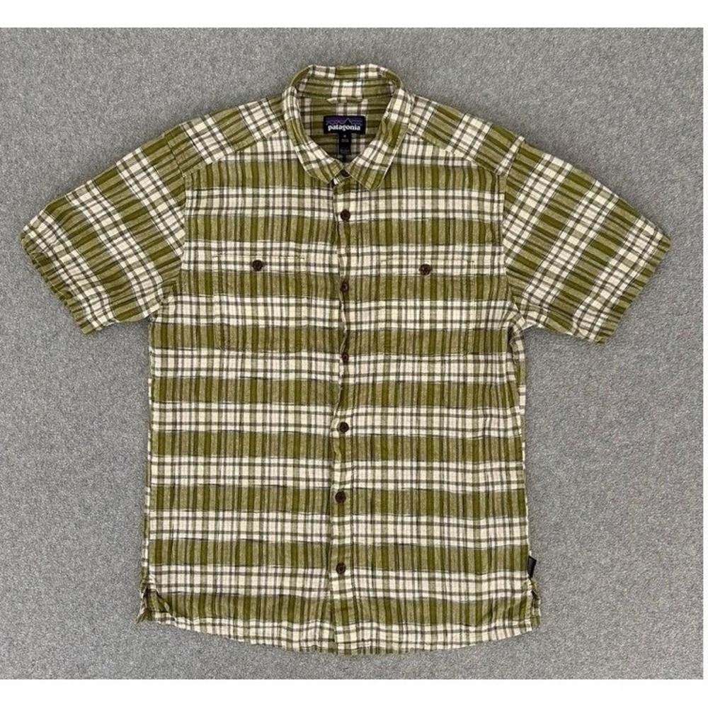 Patagonia Button Down Shirt Mens Medium Green Hemp Plaid Short Sleeve Back Step